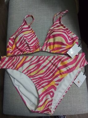 Shade & Shore Pink and Yellow Zebra Striped Triangle Bikini Set